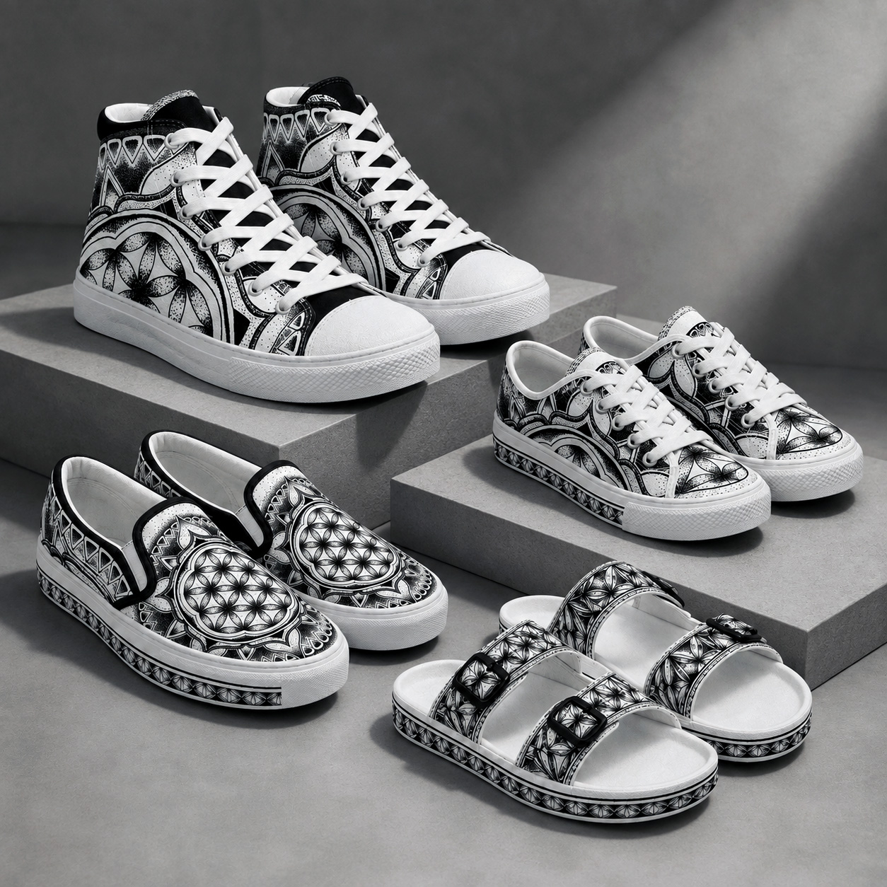 Footwear featuring the Flower of Life design system.