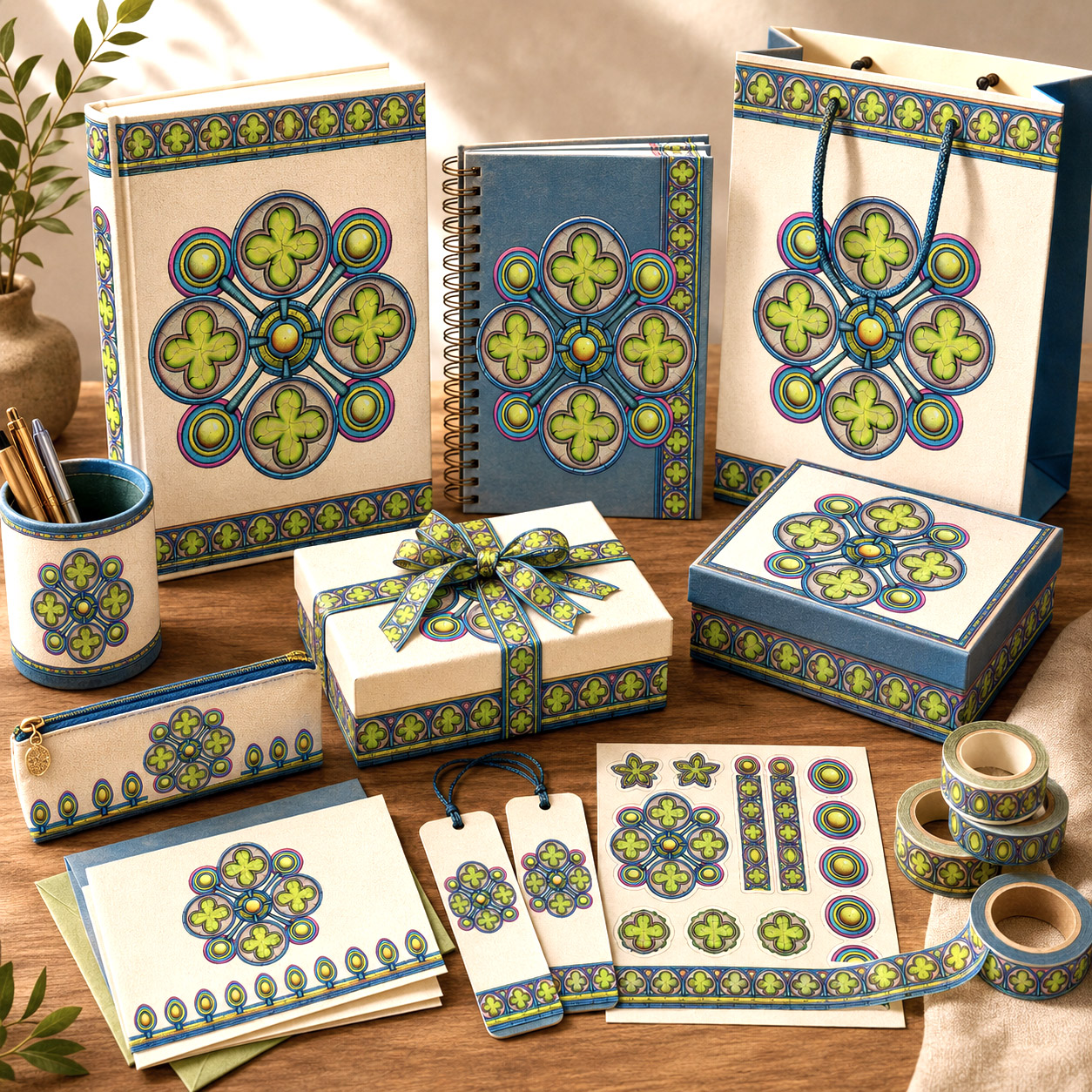 Stationery, journals, and gift products featuring the Ancestral Luck design system.