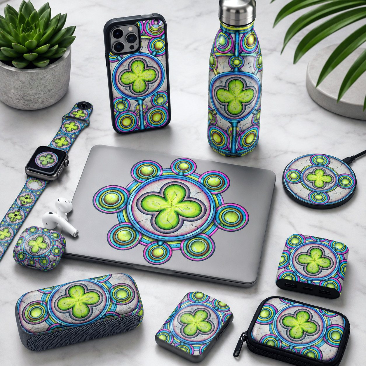 Tech and personal accessories featuring the Ancestral Luck design system.