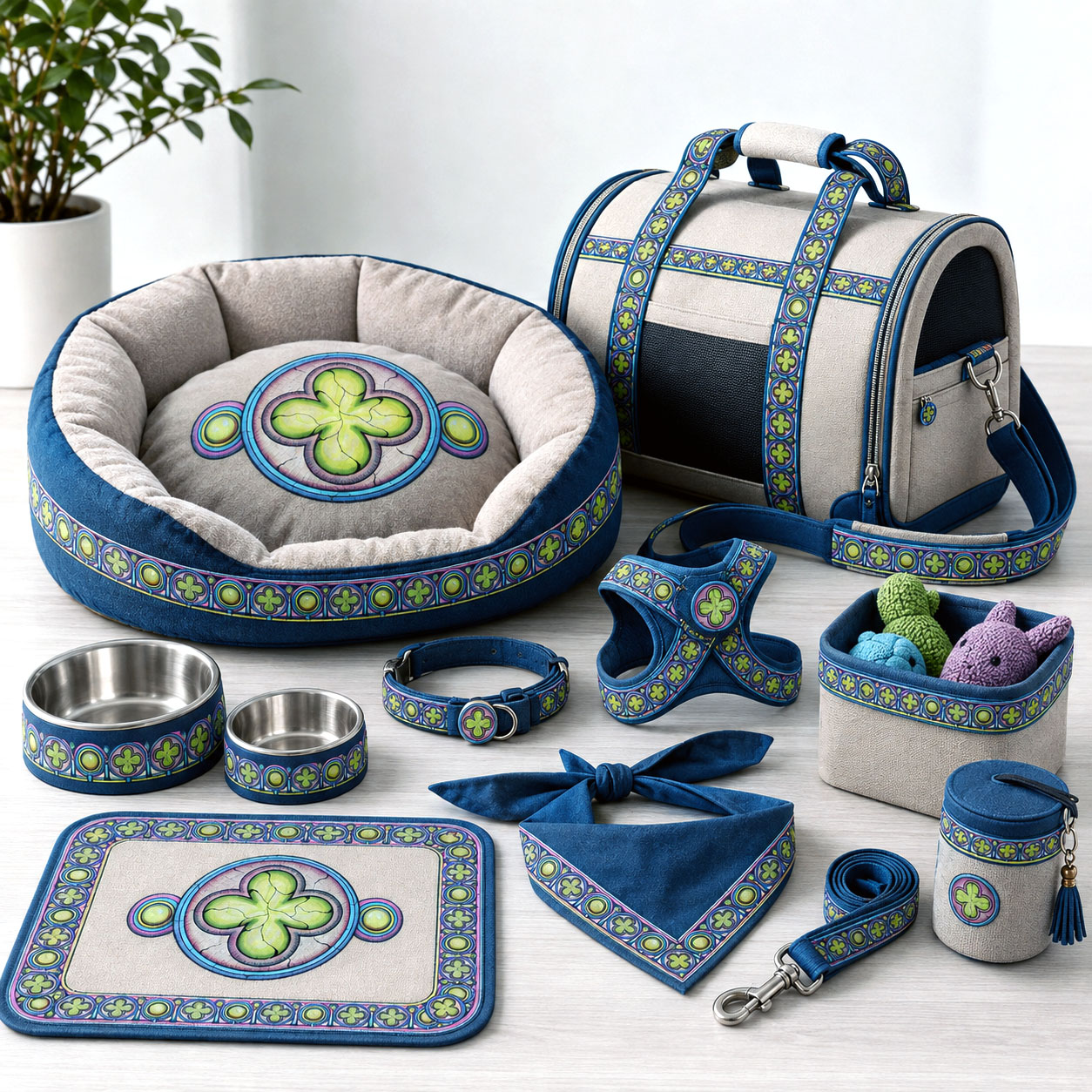 Pet accessories featuring the Ancestral Luck design system.