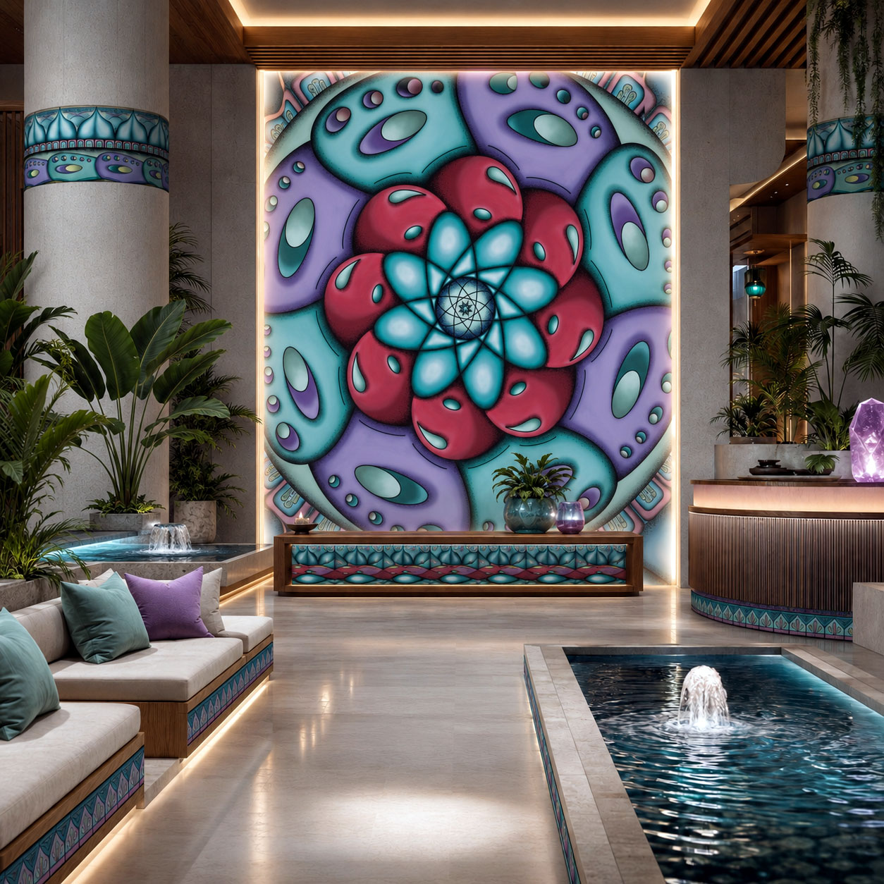 Retail lobby featuring the Atom Heart Flower design system.