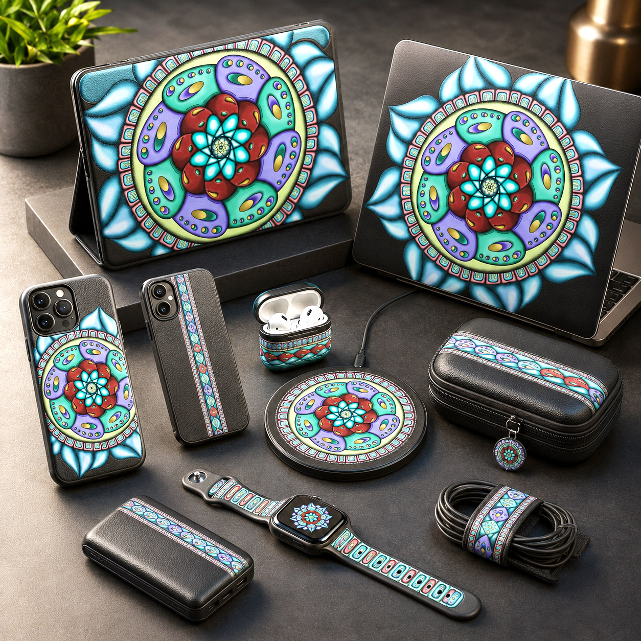 Protective tech accessories featuring the Atom Heart Flower design system.