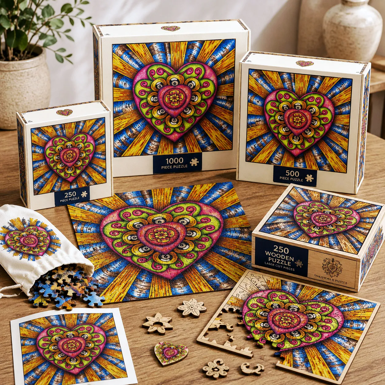 Jigsaw puzzle collection featuring the Bursting Heart design system.