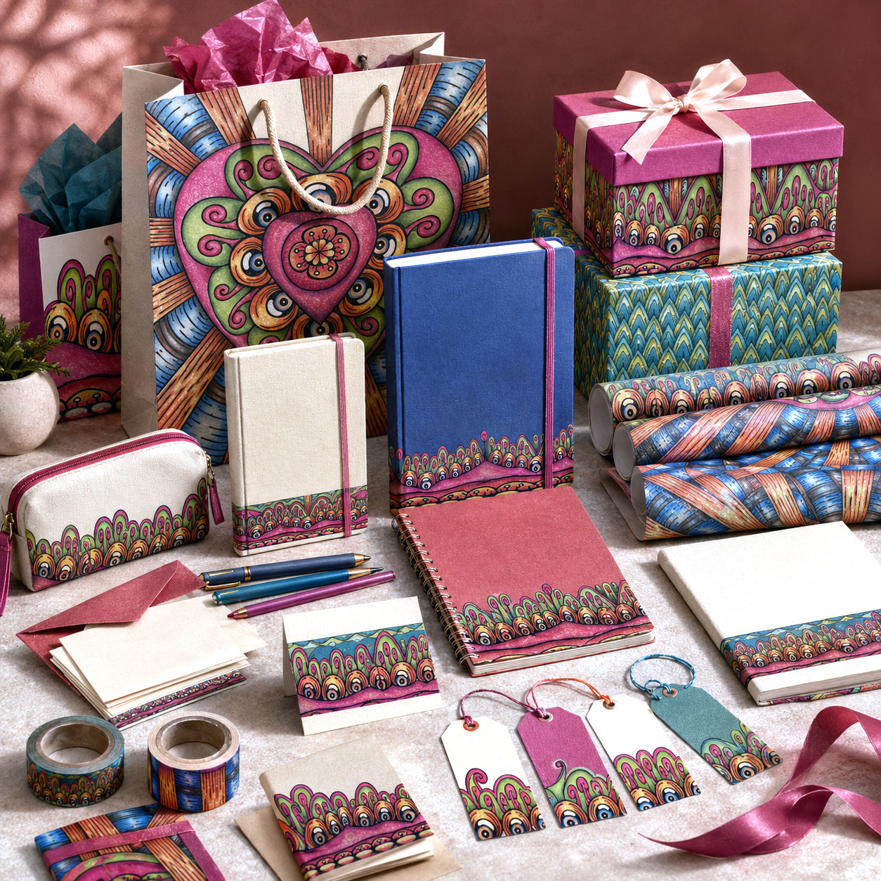 Stationery, journals, and gift packaging featuring the Bursting Heart design system.