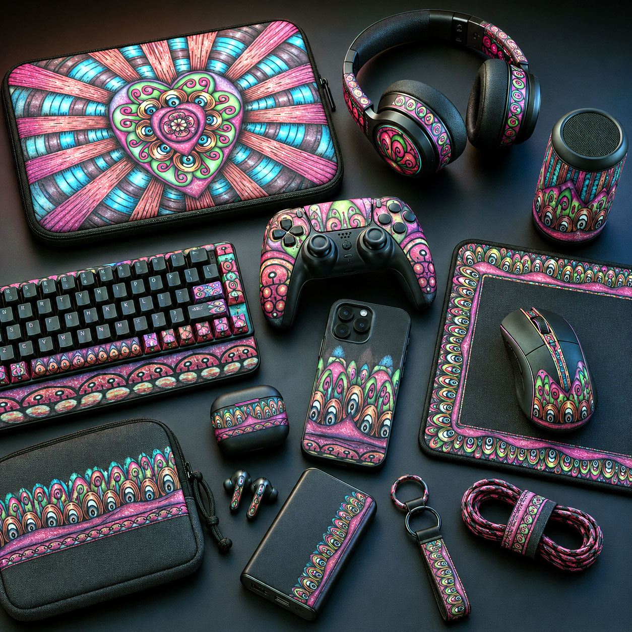 Tech, gaming, and personal accessories featuring the Bursting Heart design system.