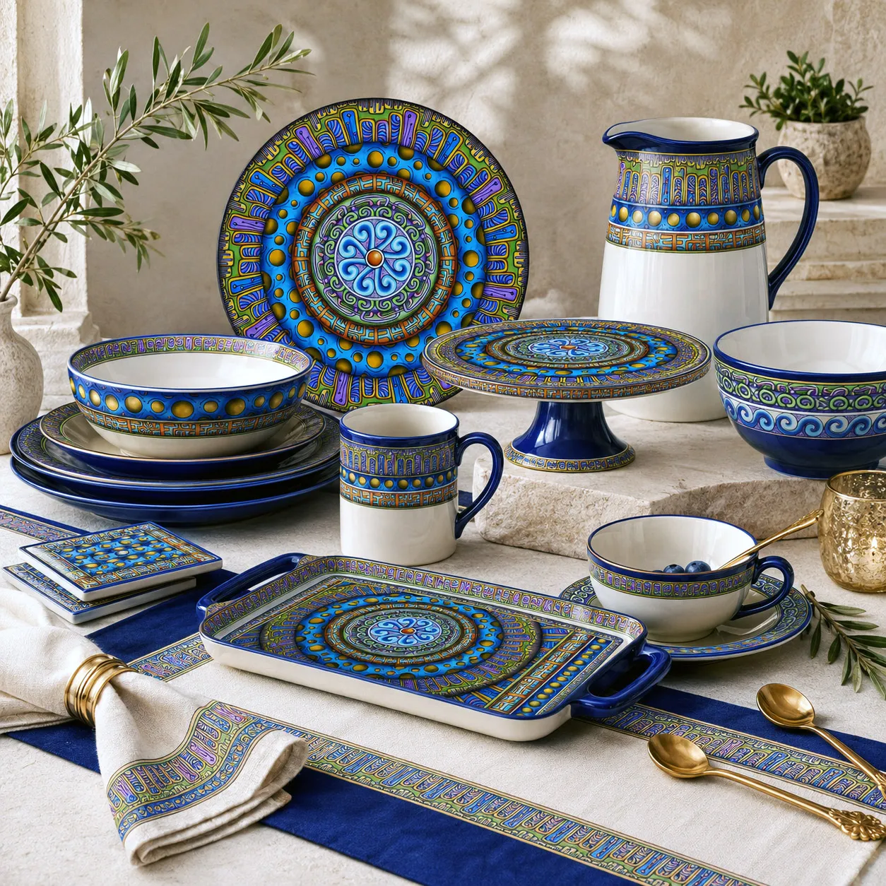 Tableware and entertaining products featuring the Blue Dream design system.