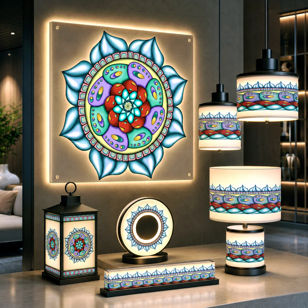 Contemporary lighting featuring the Atom Heart Flower design system.
