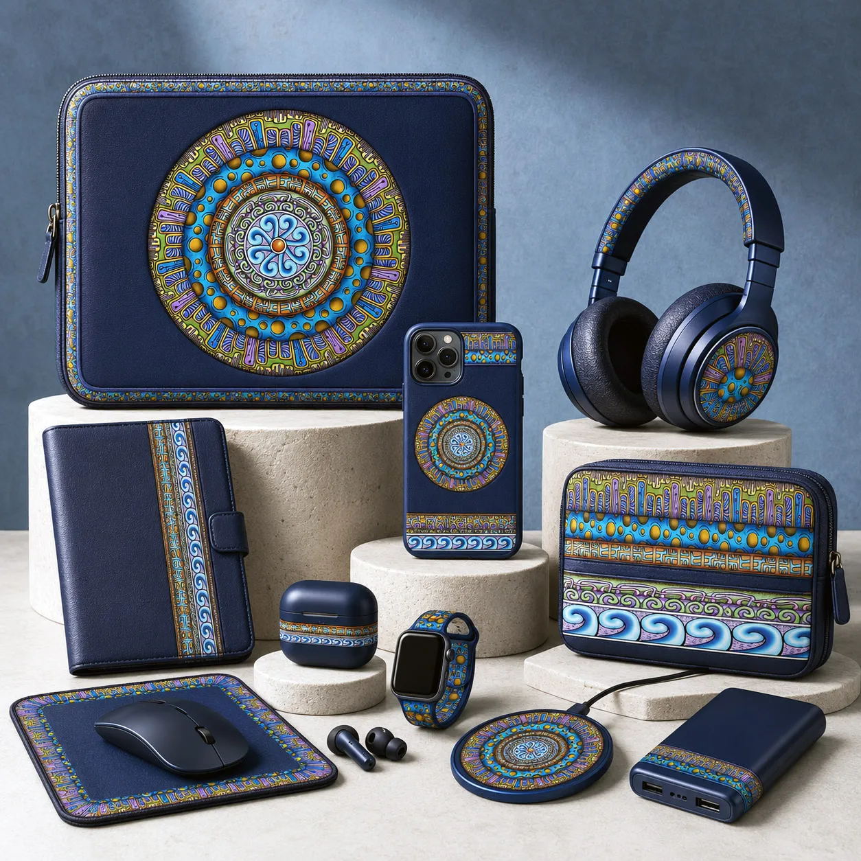 Tech and personal accessories featuring the Blue Dream design system.