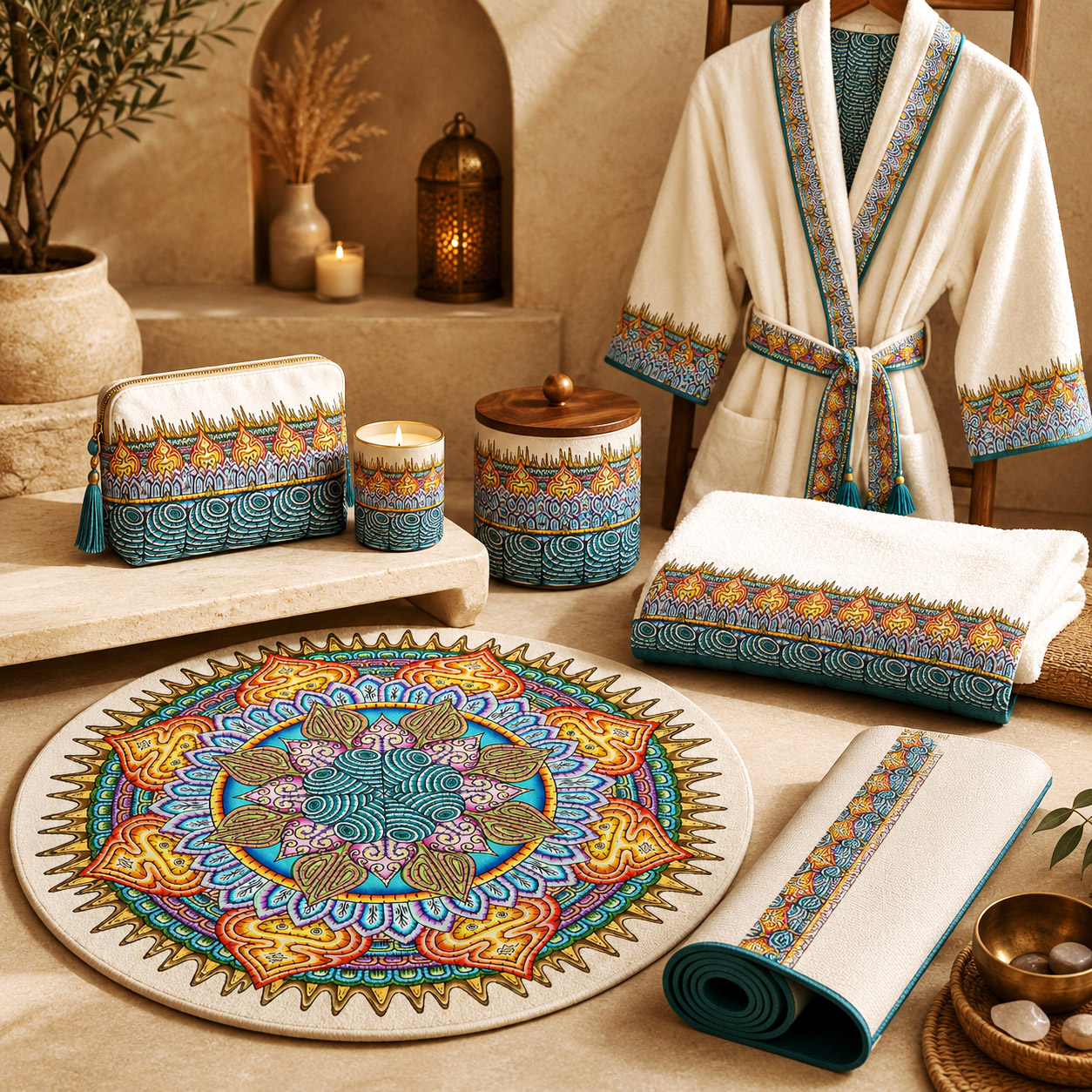 Bath and wellness products featuring the Desert Flame design system.
