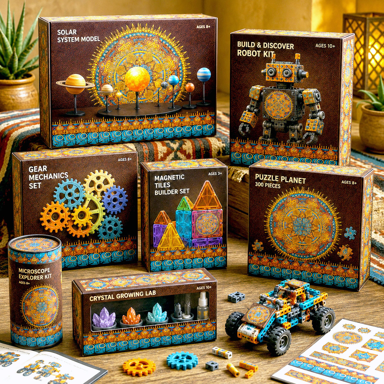 STEM and toy packaging featuring the Desert Flame design system.