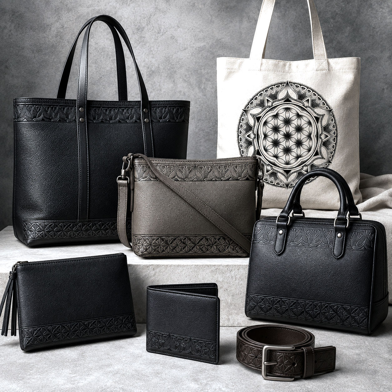 Leather goods and bags featuring the Flower of Life design system.
