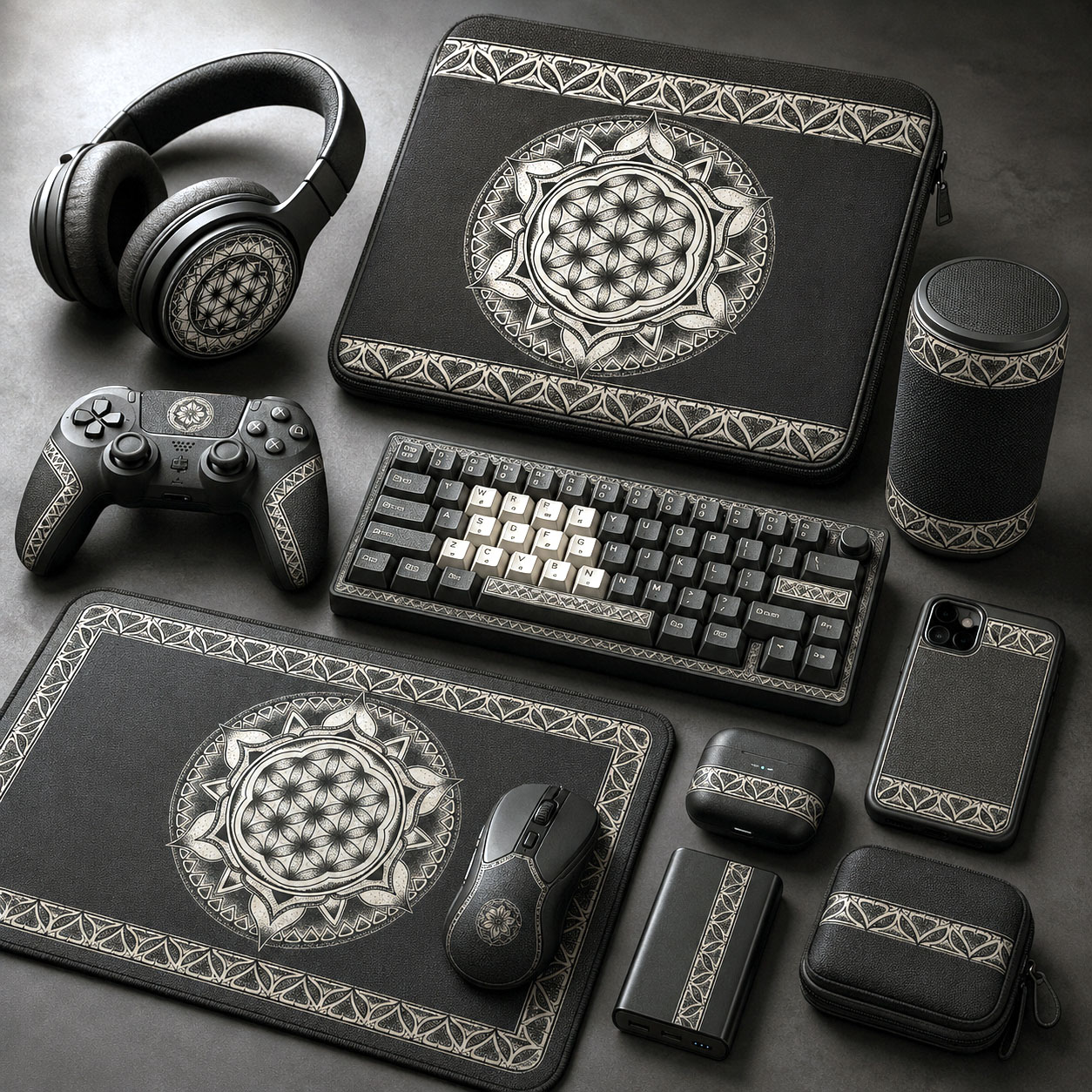 Tech, gaming, and personal accessories featuring the Flower of Life design system.
