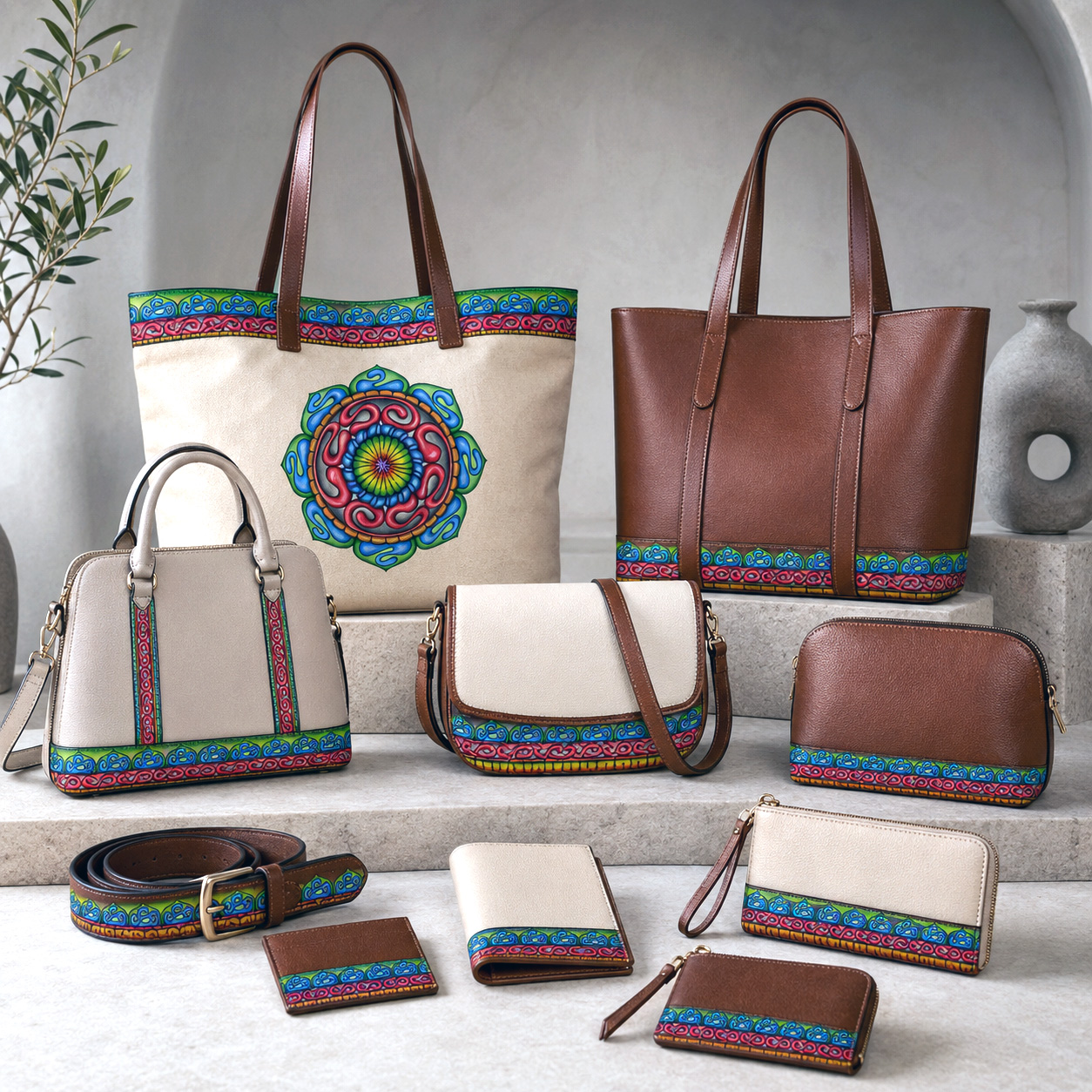 Leather goods and bags featuring the Grounded Core design system.