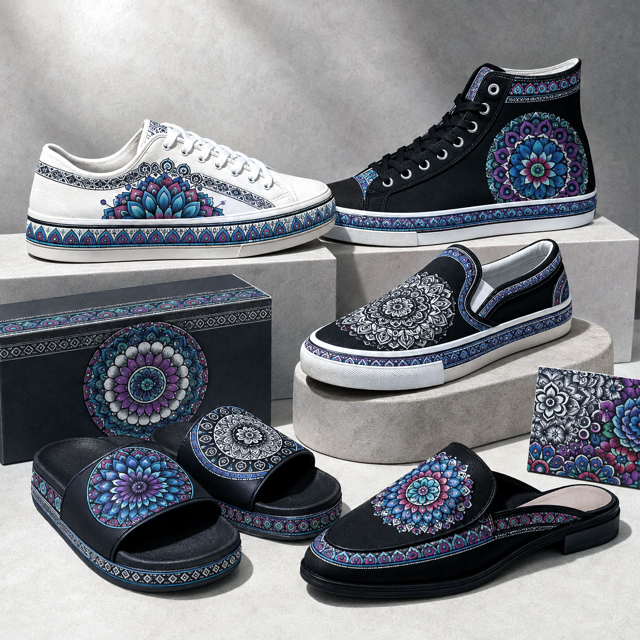 Footwear collection featuring Mandala Collage 1.