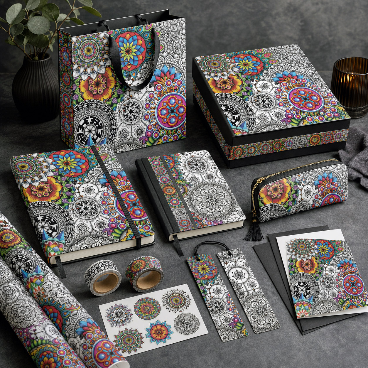Stationery, journals, and gift packaging featuring Mandala Collage 1.
