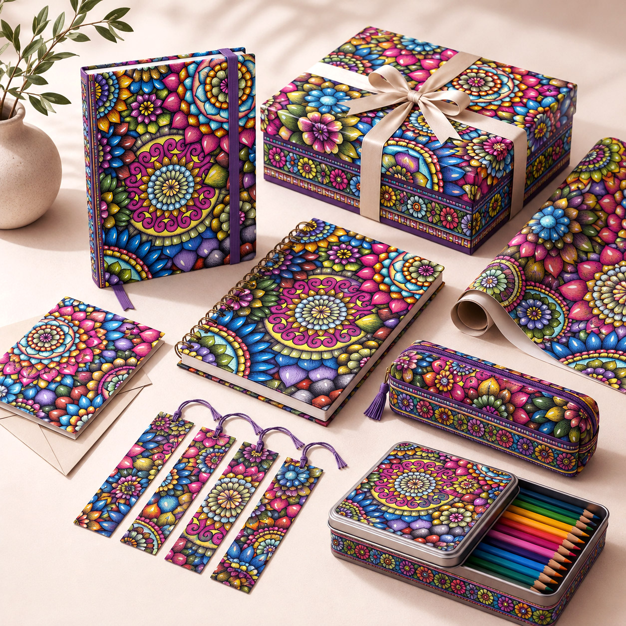 Stationery, journals, and gift products featuring Mandala Collage 2.