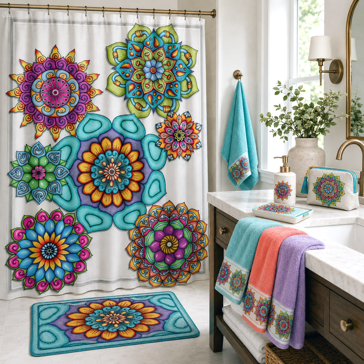 Shower curtain and bath products featuring Mandala Collage 4.