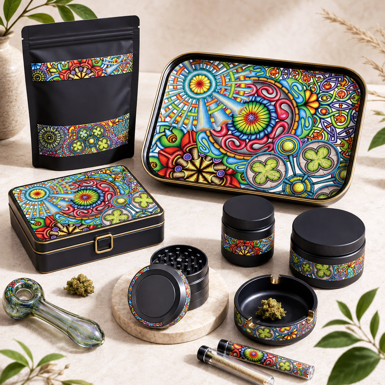 Premium cannabis accessories featuring Mandala Collage 6.