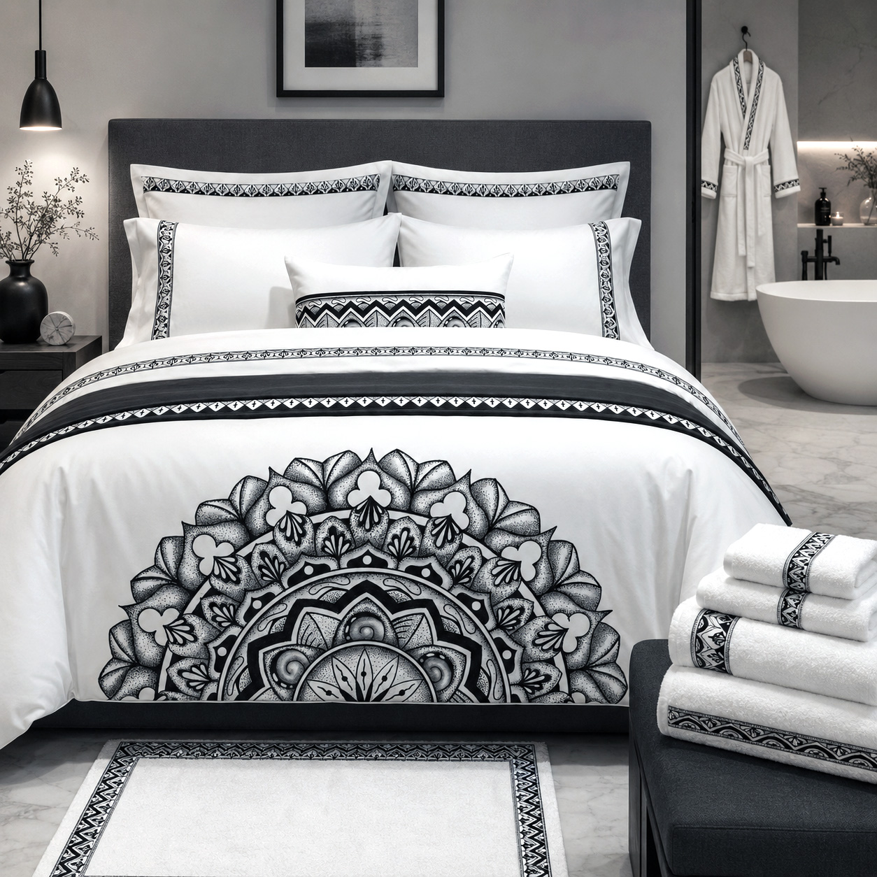 Bed and bath products featuring the Rhythmic Pulse design system.