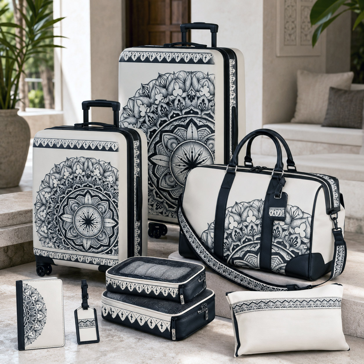Premium luggage featuring the Rhythmic Pulse design system.