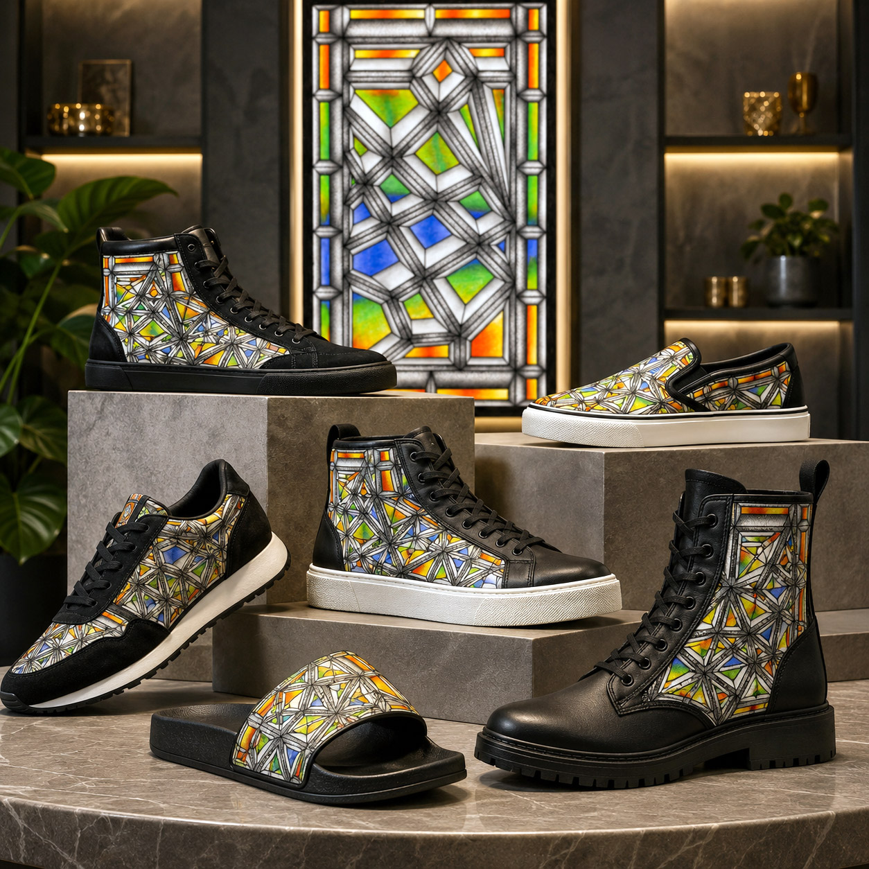 Premium footwear featuring the Stained Glass design system.