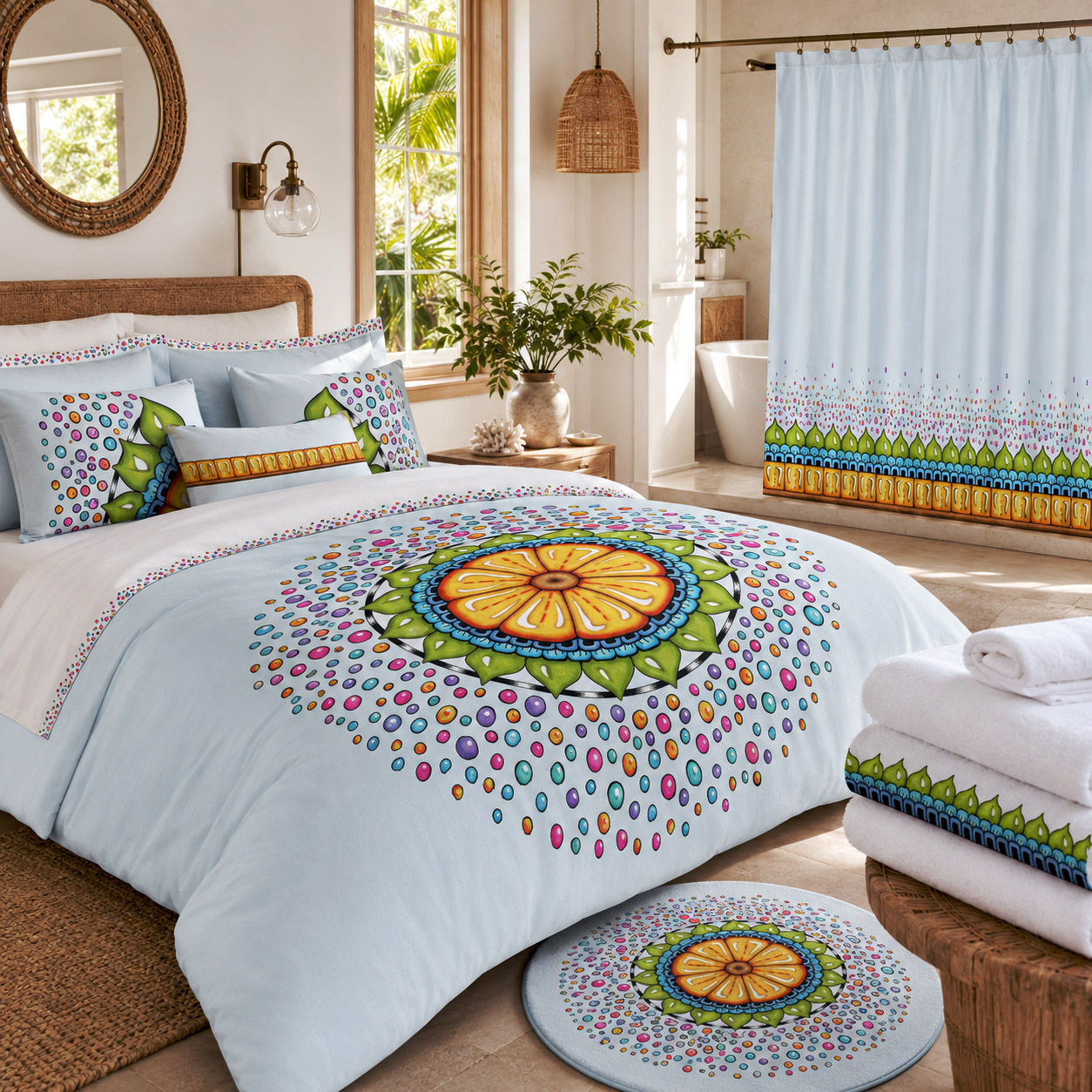 Bedding and bath products featuring the Surrender to Grace design system.
