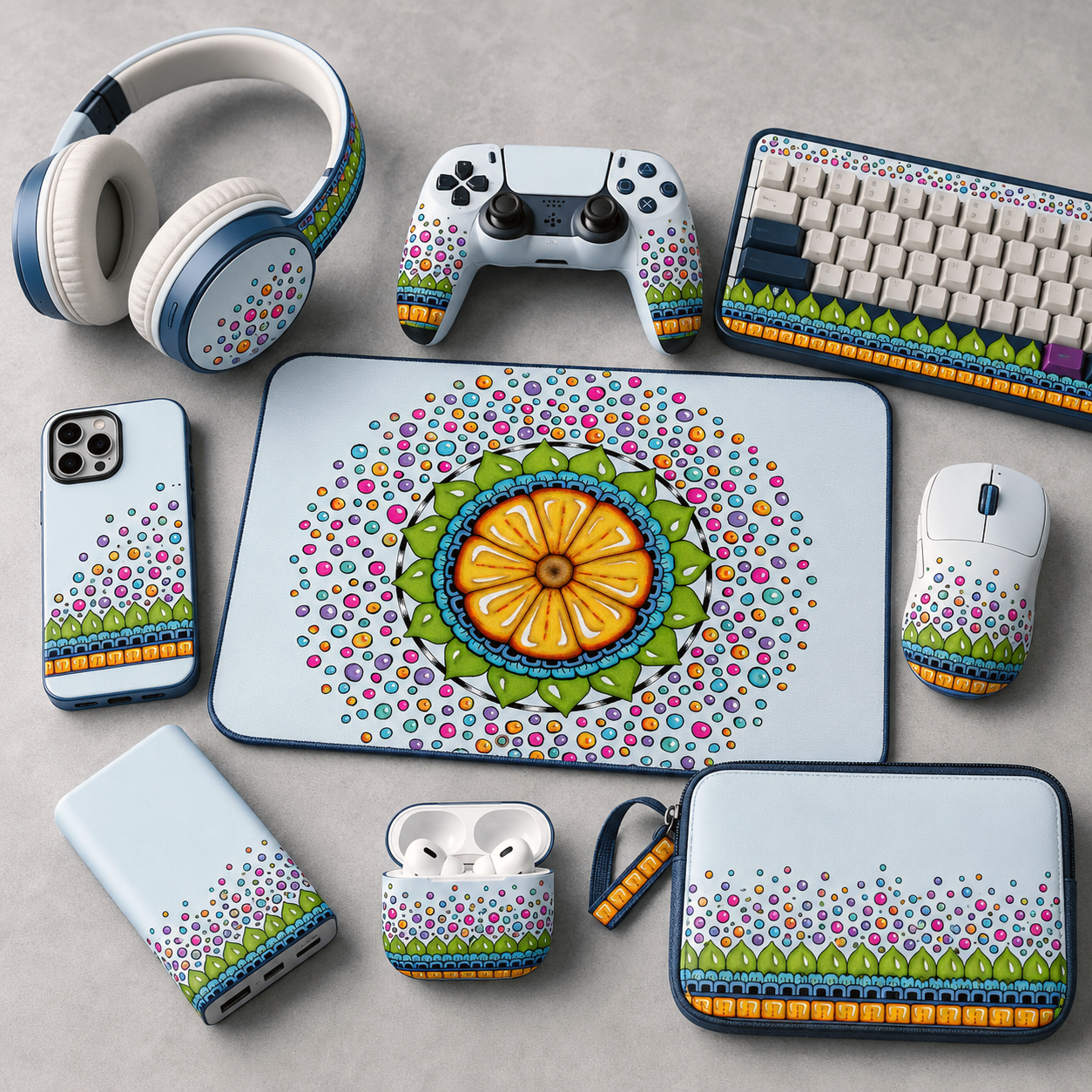 Tech, gaming, and personal accessories featuring the Surrender to Grace design system.