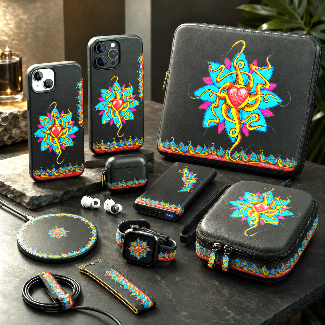 Protective tech accessories featuring the Wild At Heart design system.