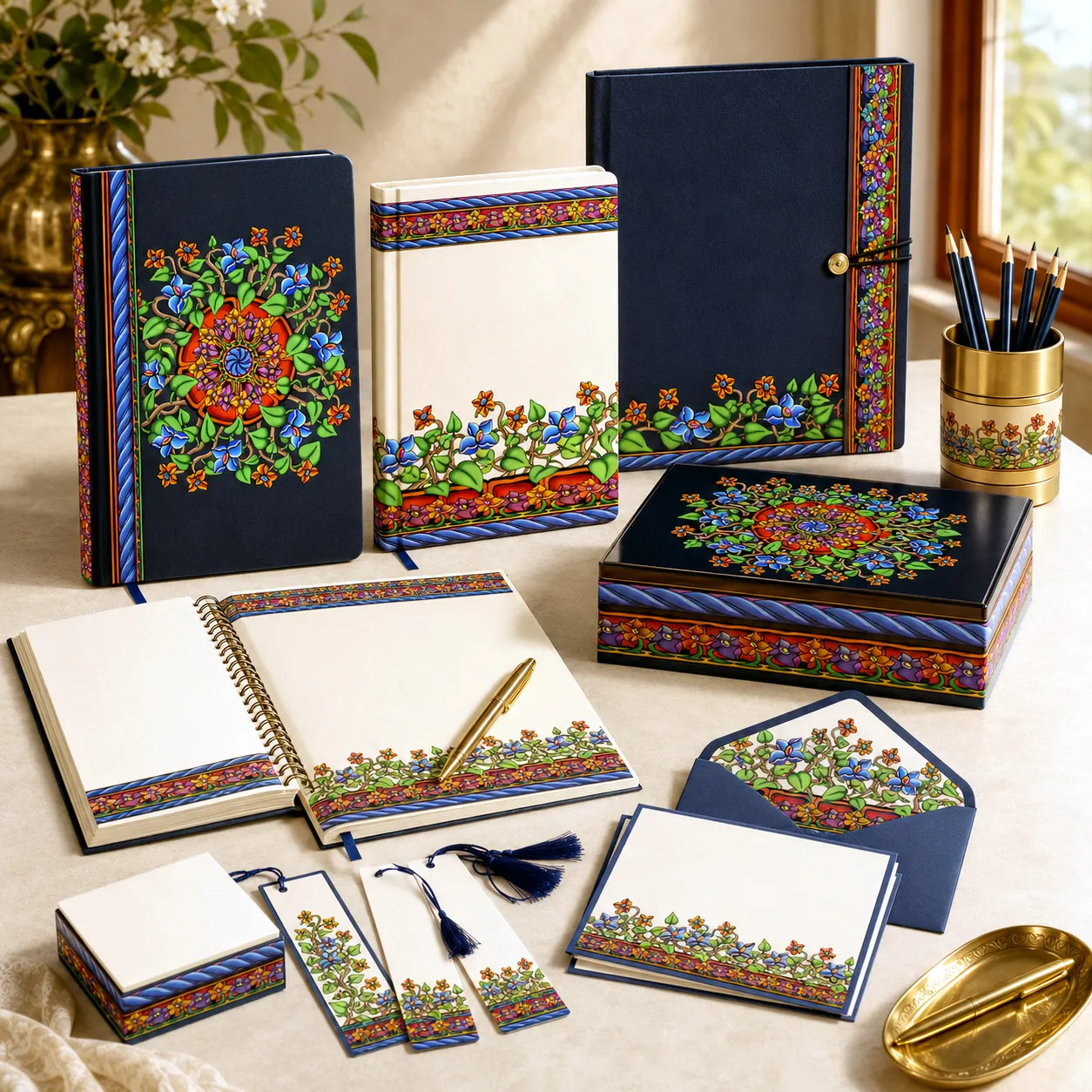 Journals and stationery featuring the Wall Flowers design system.