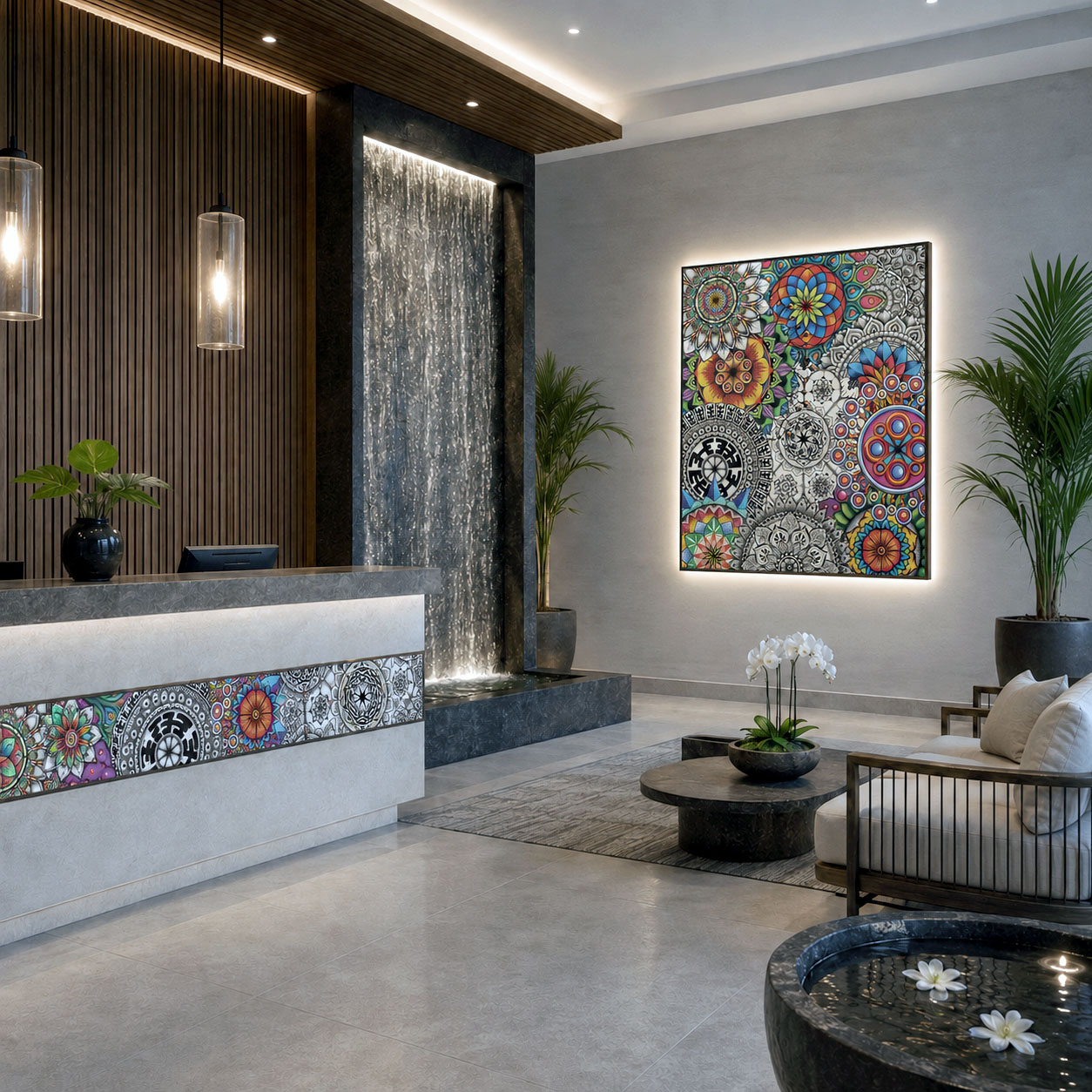 Wellness studio installation featuring Mandala Collage 1.