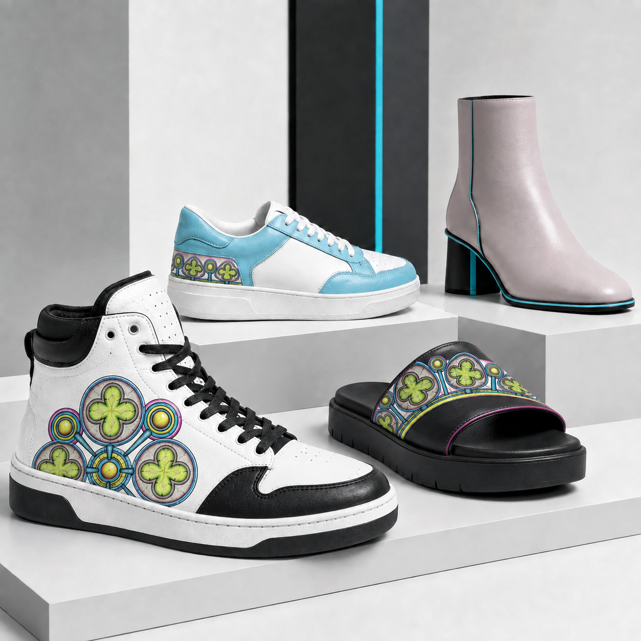 Premium footwear featuring the Ancestral Luck design system.