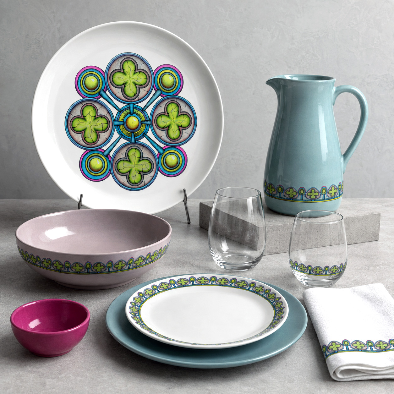 Tableware and entertaining products featuring the Ancestral Luck design system.