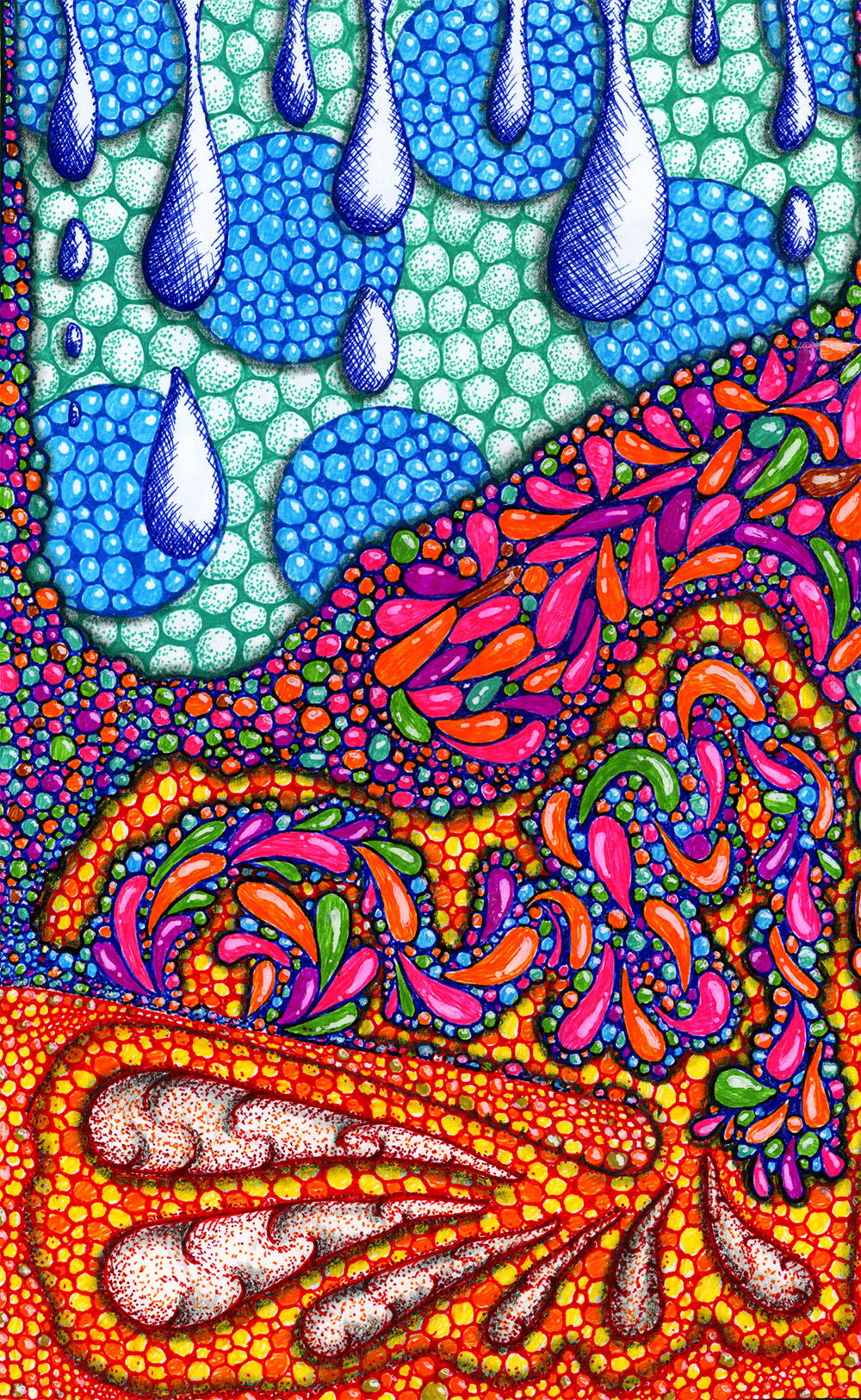 Liquid Garden | Hand-drawn abstract composition with blue droplets above dense red, orange, and magenta organic forms.