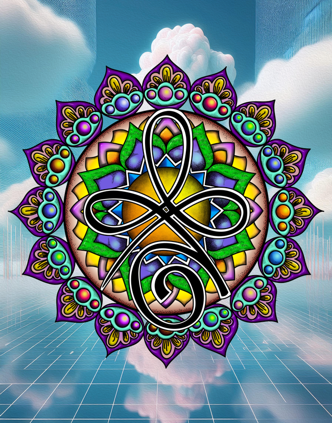 Colorful hand-drawn mandala with a geometric center on a flowing blue, purple, and orange AI-assisted background.