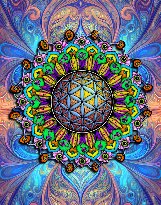 Colorful hand-drawn mandala centered on a vivid psychedelic AI-assisted background with flowing organic forms.