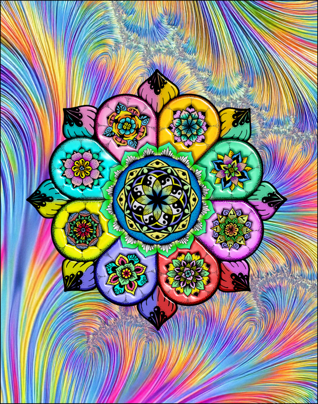 Intricate hand-drawn mandala over a luminous AI-assisted abstract background with soft complementary color and texture.