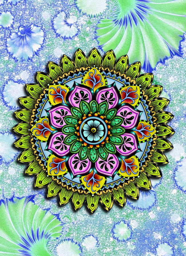Detailed hand-drawn mandala set against an energetic AI-assisted abstract background with strong color contrast and movement.