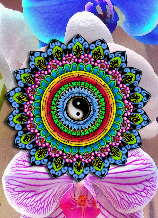 Colorful hand-drawn mandala integrated with a bold blue and orange AI-assisted graphic environment.