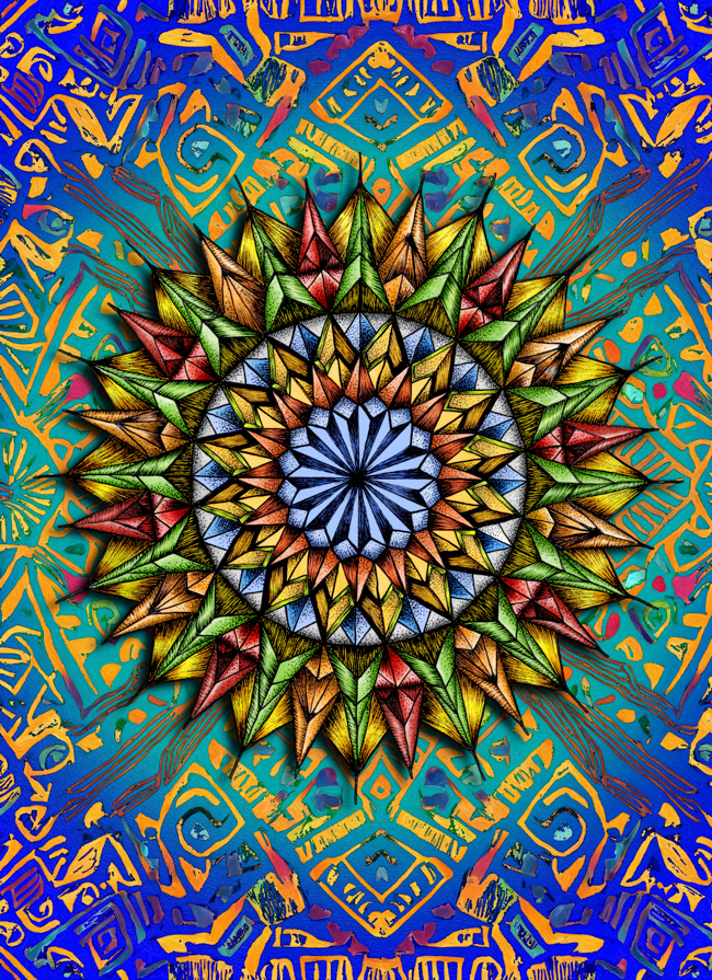 Vibrant hand-drawn mandala surrounded by an energetic AI-assisted abstract field of layered color and motion.