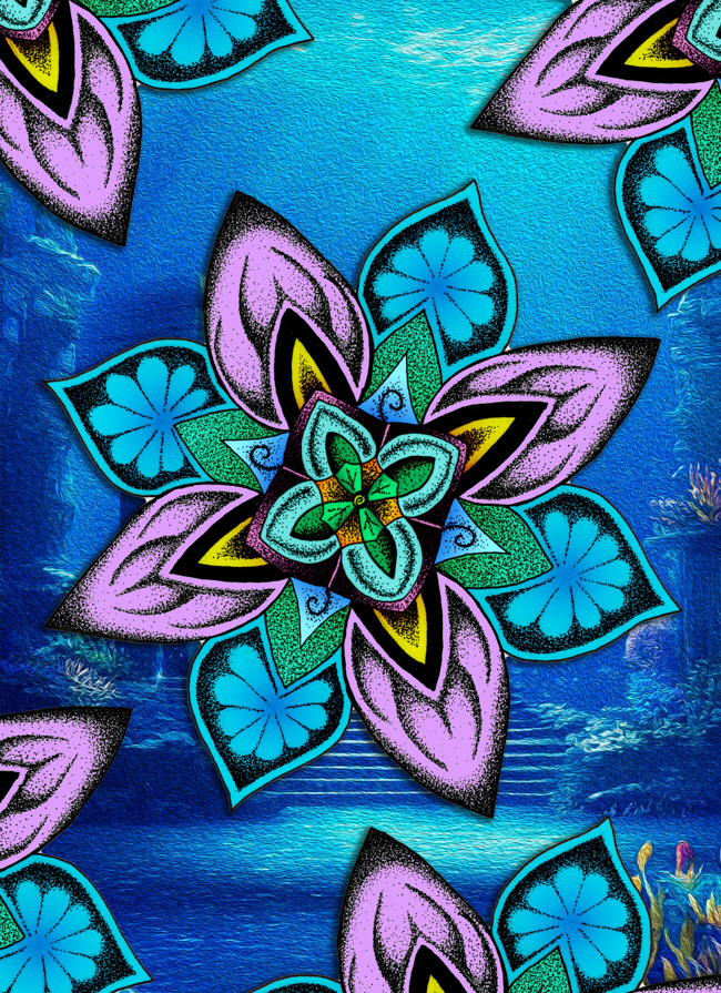 Intricate hand-drawn mandala integrated into a colorful AI-assisted environment with layered organic shapes and textures.