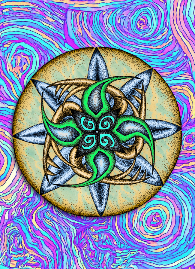 Detailed hand-drawn mandala over an unusual AI-assisted abstract background with rich color, depth, and texture.