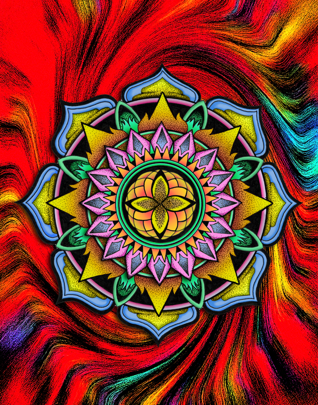 Colorful hand-drawn mandala immersed in an AI-assisted underwater environment with aquatic forms and blue-green depth.