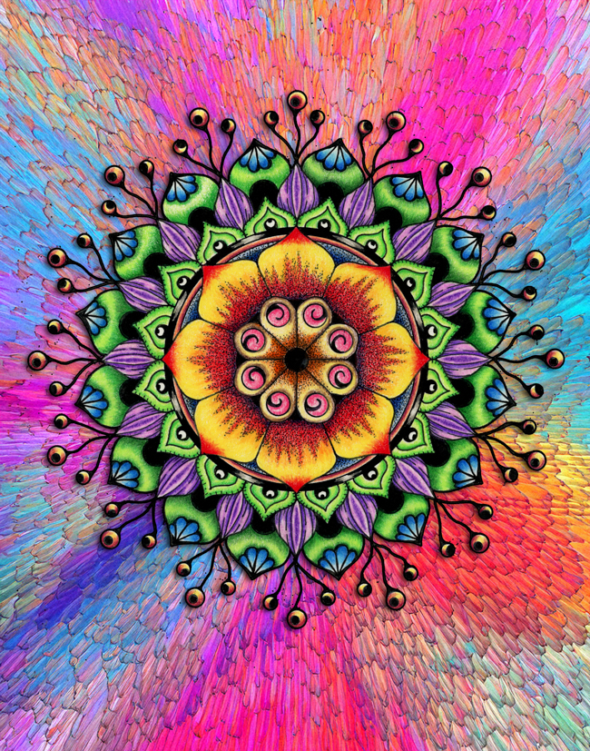 Bold hand-drawn mandala against a dramatic red and black AI-assisted abstract background with high visual contrast.