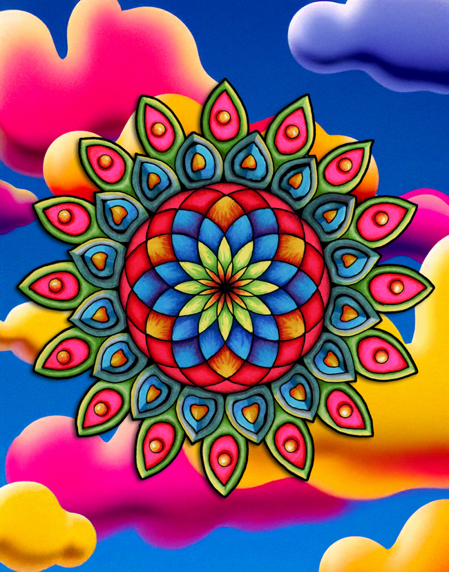 Bright hand-drawn mandala floating within a cheerful AI-assisted cloudscape of soft color and atmospheric forms.
