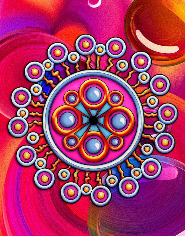 Intricate hand-drawn mandala centered in a saturated AI-assisted abstract environment with cohesive layered color.