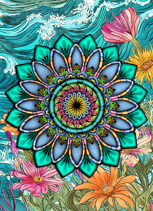 Colorful hand-drawn mandala integrated into an AI-assisted scene of stylized waves, flowers, and flowing natural forms.