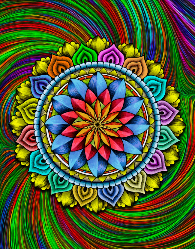 Detailed hand-drawn mandala surrounded by a swirling AI-assisted abstract background that creates depth and movement.