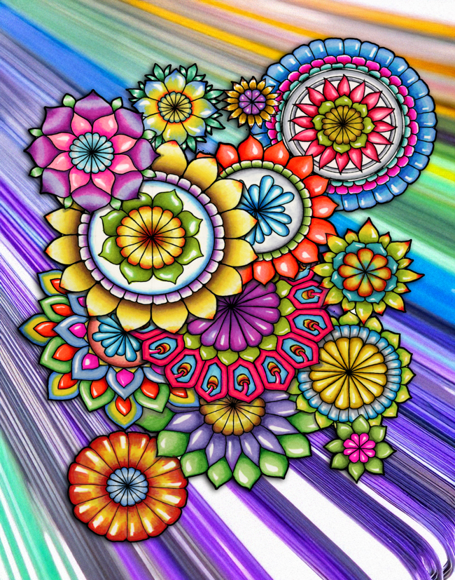 Layered hand-drawn mandala artwork combined with an AI-assisted environment rich in color, texture, and puzzle detail.