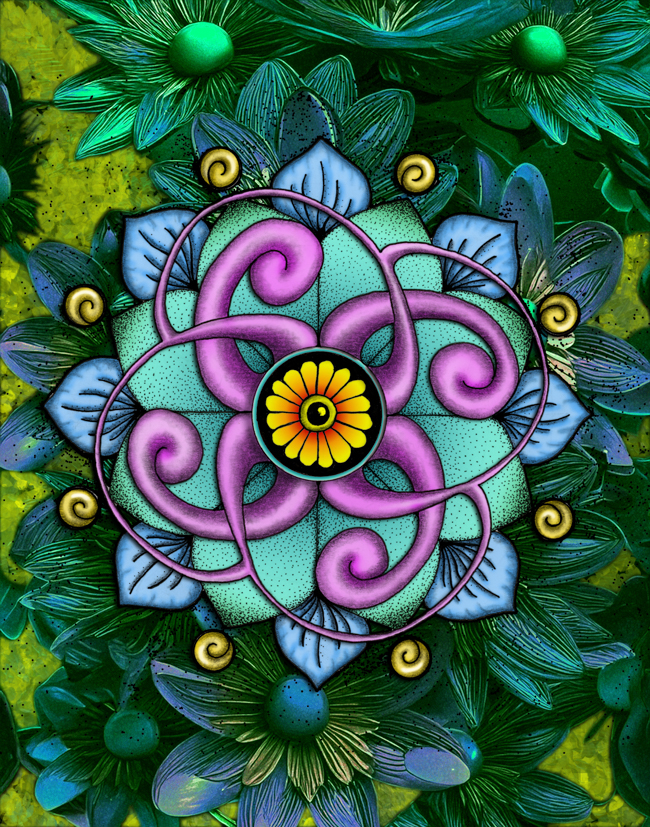 Colorful hand-drawn mandala set within a dark AI-assisted botanical environment with dramatic foliage and tonal contrast.