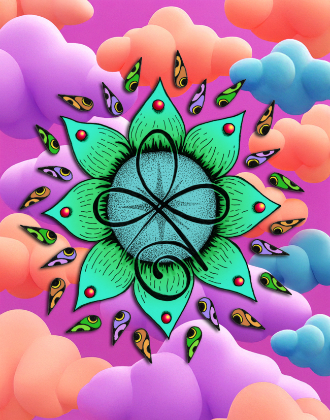Intricate hand-drawn mandala floating in a soft AI-assisted cloud environment with gentle atmospheric color.